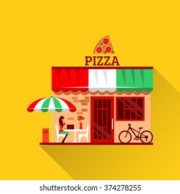 Vector of pizza restaurant with terrace in front. Woman eats pizza at the table. Bicycle parking nearby. Pizzeria restaurant building. Food and drink concept. Summer facade. Tasty pizza icon