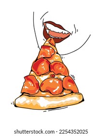 vector pizza with sausage bitten by a girl design
