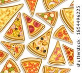 Vector Pizza Seamless Pattern, square repeating pizza background, group of cut out illustrations. Flat lay assorted types triangle pizza slices on white background, pattern for pizzeria tablecloth.