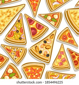 Vector Pizza Seamless Pattern, square repeating pizza background, group of cut out illustrations. Flat lay assorted types triangle pizza slices on white background, pattern for pizzeria tablecloth.