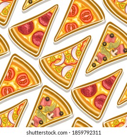 Vector Pizza Seamless Pattern, square repeating pizza background, group of cut out illustrations flat lay triangle pizza slices of assorted types on white background, pattern for pizzeria tablecloth.