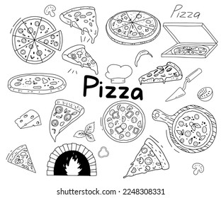 Pizza vectorial. Doodles dibujados a mano. Colección de bocetos de comida y pizzas aisladas en fondo blanco. Útil para el embalaje, el diseño del menú y la decoración interior.