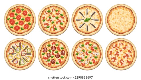 Vector pizza set. Realistic full size pizza on white background