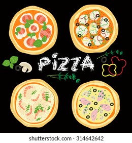 Vector pizza set. Pizza with shrimps, pizza with pork and mushrooms, pizza with peppers, pizza with tomato.