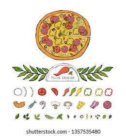 Vector pizza set,collection isolated on a white background. Pizza ingredient clip art collection .Italian food Fast food object clip art in hand drawn style design
