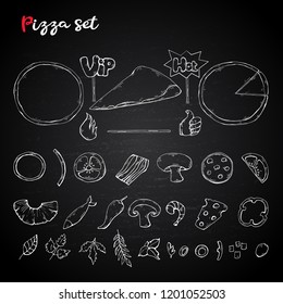 Vector pizza set,collection on a chalkboard. Pizza ingredient white silhouette clip art collection isolated on a black background.Fast food object clip art in chalk style design.