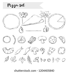 Vector pizza set,collection over white.Pizza ingredient black silhouette,sign,icon,symbol clip art collection isolated.Fast food object clip art in doodle style design.Italian food.For cooking set.