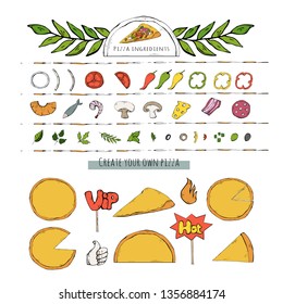 Vector pizza set,collection over white.Pizza ingredient