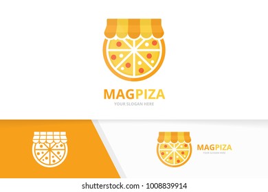 Vector pizza and shop logo combination. Food and sale symbol or icon. Unique pizzeria and market logotype design template.