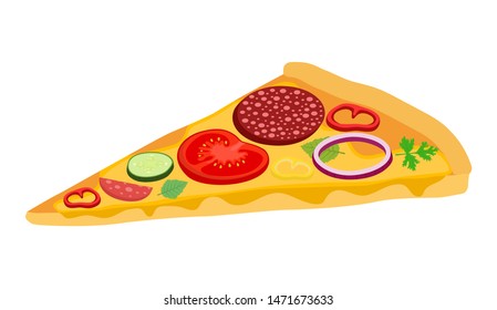 Vector pizza slice in cartoon style. Fast food concept, italian traditional cuisine. Icon, illustration for pizzeria, cafe, restaurant.