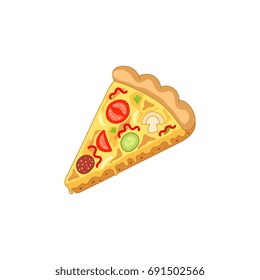 Vector pizza slice. Fast food flat cartoon isolated illustration on a white background. Pepperoni, cheese, olives. Italian food icon. Restaurant, cafes advertising object