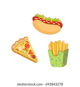 Vector pizza slice, french fries hot dog set. Fast food flat cartoon isolated illustration on a white background. Hot dog with sauce and salad, potato fry in paper box and tomato and pepperoni pizza