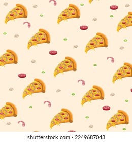 vector pizza slice pattern studded with shrimp, meat and mushrooms