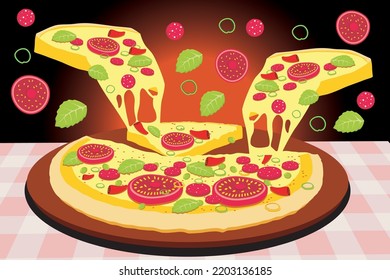 Vector pizza. Pizza slices. Melted pizza cheese. Vector illustration of delicious pizza food