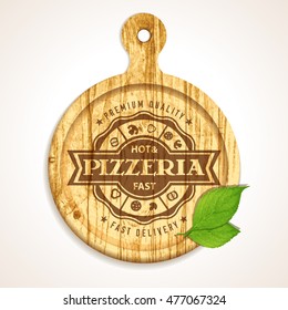vector pizza tag template of pizzeria on timber cutting board cut classical white quick rapid genuine texture italia isolated conceptual background scene aliment timber space pure mark delicious woode