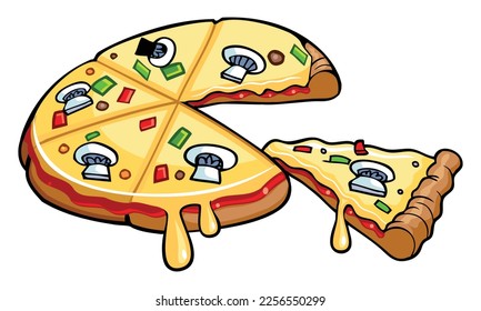 vector pizza with tomato, cheese, olive, sausage, onion, basil. Traditional fast food. Top view meal. European snack