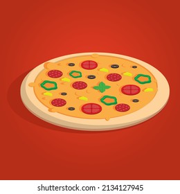Vector pizza with tomatoes, peppers, cheese mozzarela, olives and basil. Italian pizza pepperoni