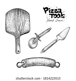 vector pizza tool collection, pizza maker tool illustration in hand drawn style