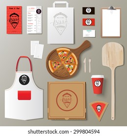 Vector pizzeria corporate branding identity template design set. Take away pizza mock up