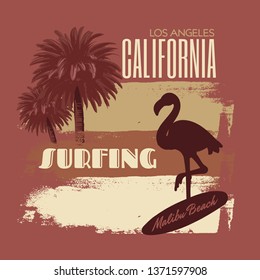 Vector placard with hand drawn silhouette of flamingo on surfboard isolated. Template for card, poster. banner, print for t-shirt, pin, badge, patch.