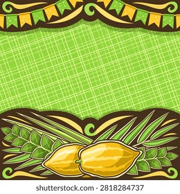Vector placard for jewish Sukkot with copyspace for text, dark decorative frame with decoration of festive flags, layout with fresh fruits on green abstract background