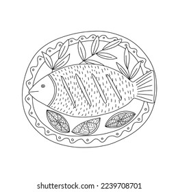 Vector Plah Plow fish sketch top view. Hand drawn national Thai dish on plate