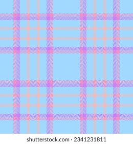 Vector plaid pattern of textile fabric tartan with a background check seamless texture in cyan and violet colors.