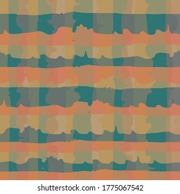 Vector plaid seamless pattern background. Modern organic watercolor brush stroke effect orange teal backdrop. Repeat gingham check style. All over crinkle cloth print for packaging, stationery