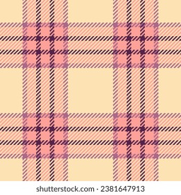 Vector plaid texture of background check tartan with a textile seamless fabric pattern in moccasin and red colors.