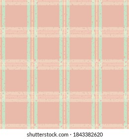 Vector plaid weave seamless pattern background. Pastel pink blue grunge flecked textured woven check backdrop. Modern geometric criss cross gingham shirting cloth style all over print for spring, baby