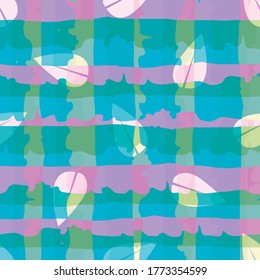 Vektorplaid und weiße Blätter nahtlose Muster Hintergrund Moderne organische Aquarellfarben blauer rosafarbener Hintergrund mit blended blättrigen Motiven Wiederholen Gingham Scheck. Überall auf Druck für Verpackungen, Schreibwaren