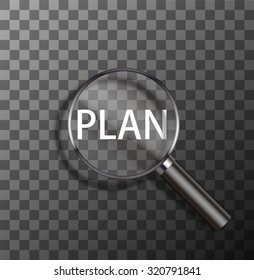 vector plan word in magnifying glass on sample background