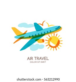 Vector plane and air travel logo, emblem design elements. Multicolor flying airplane in the sky, isolated doodle illustration. Concept for summer vacation, travel agency and sale tickets