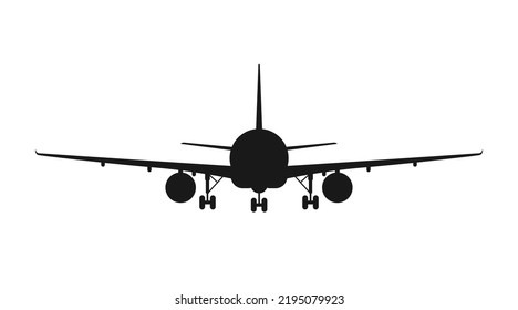 Vector Plane Black Silhouette Isolated On White Background. Aircraft Sign Front View. Air Jet Flight Symbol. Frontal Side Airplane Icon. Airport, Travel, Cargo Shape