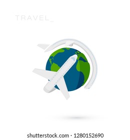 Vector Plane flies around the Earth globe. Flat design