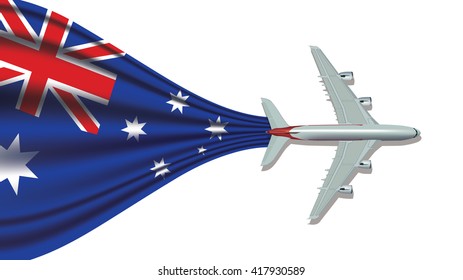Vector the plane flies with Australia flag blowing in the wind on white background for advertising