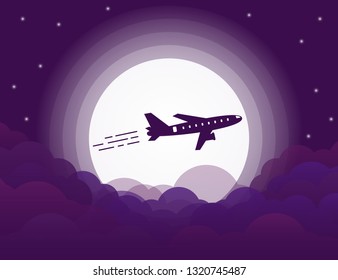 Vector plane flying at night, moon light, starry sky and clouds.