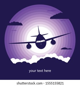 Vector plane flying at night, moon light,  sky clouds.