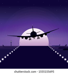 
Vector plane flying at night, moonlight, sky clouds board at the airport.