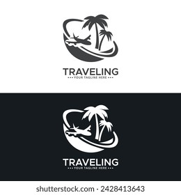 Vector plane with palms icon logo of travel and travel agency vector illustration