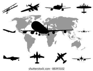 vector plane silhouette set with world map