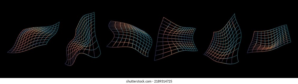 Planos vectores con líneas de degradado. Cuadrícula de líneas curvas y torcidas sobre un fondo negro. Fondo abstracto retrofuturista del arco iris