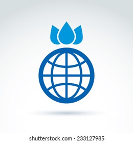 Vector planet with crown created from three water drops, ecology conceptual symbol, abstract eco emblem on planet and H2O idea. Blue queen-earth unusual icon.