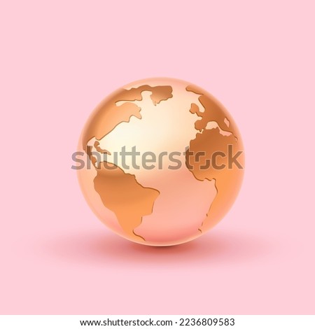 Vector planet Earth 3d golden icon on pink background. Earth day or environment conservation concept. Save planet concept, 3d render, digital art