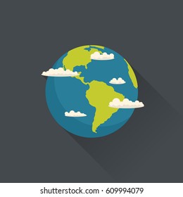 Vector planet Earth with clouds in flat style. Flat design illustration.