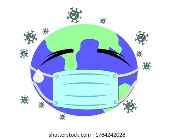 vector of planet earth is crying and virus around on white background