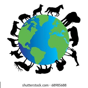 Vector Planet Earth With Different Animals Silhouettes