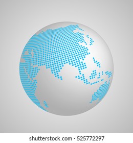 Vector planet Earth globe with blue squared map of continent Asia. 3D illustration with shadow and gradient background.