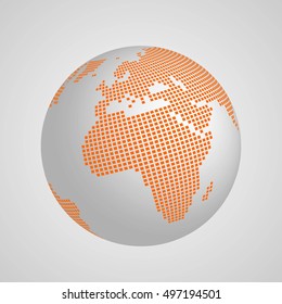 Vector planet Earth globe with orange squared map of continents Africa and Europe. 3D ilustration with shadow and gradient background.