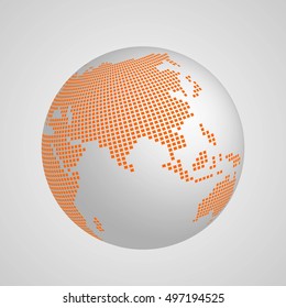 Vector planet Earth globe with orange squared map of continent Asia. 3D ilustration with shadow and gradient background.